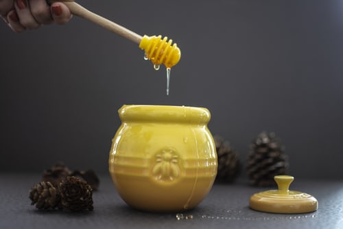 aardewerkpot met honing, eromheen wat dennenappels